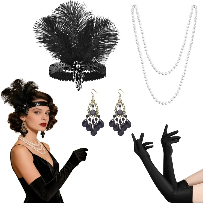 Elegant 1920s Flapper Accessory Set for Women, 4-Piece Great Gatsby Party Costume with Feather Headband, Satin Gloves, Pearl Necklace & Earrings
