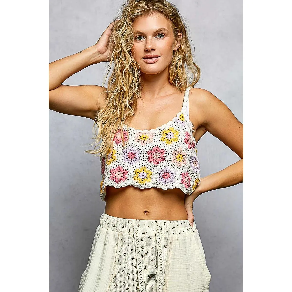 POL Handmade Granny Pattern Crochet Cami with Scalloped Strap