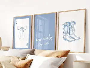 How Lucky Are We Bundle, Coastal Cowgirl Print, Girly Western Wall Art, Coquette Bow Boot, Cute Trendy Dorm Decor, Set of 3 Posters No Frame