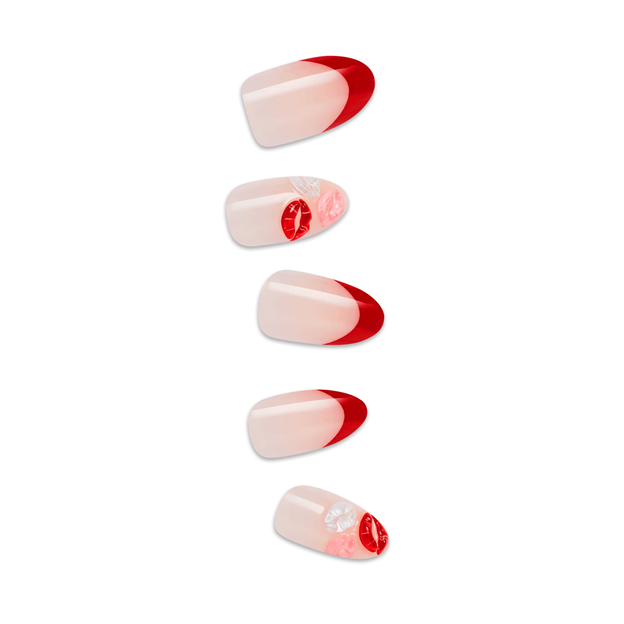 Impress Design No Glue Fake Press On Nails - Lover | 3D & Jewel French Design, Red, Medium, Almond, Manicure