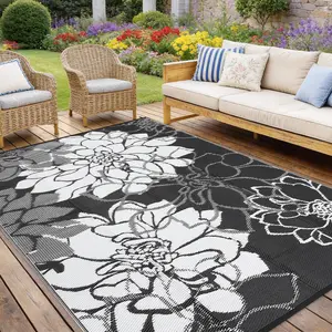 Black&White Outdoor Plastic Straw Rug 9x12 Waterproof Reversible Mat Floral Tropical Patio Rug with 4 Stakes and Starage Bag Portable Outdoor Area Rug for Camping Porch Deck Rv Balcony Backyard Beach