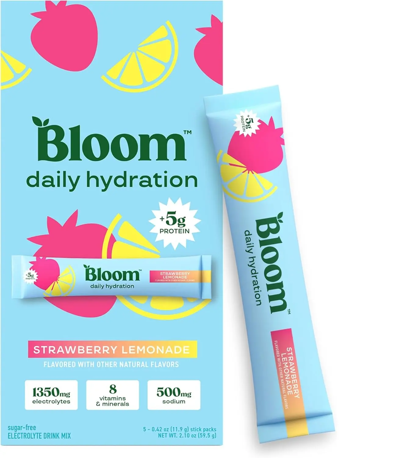 Bloom Nutrition Hydration Electrolyte Sticks, Strawberry Lemonade, 5 Count | Electrolytes with Collagen, 5g Protein, Vitamins & Minerals, Sugar Free Drink Mix