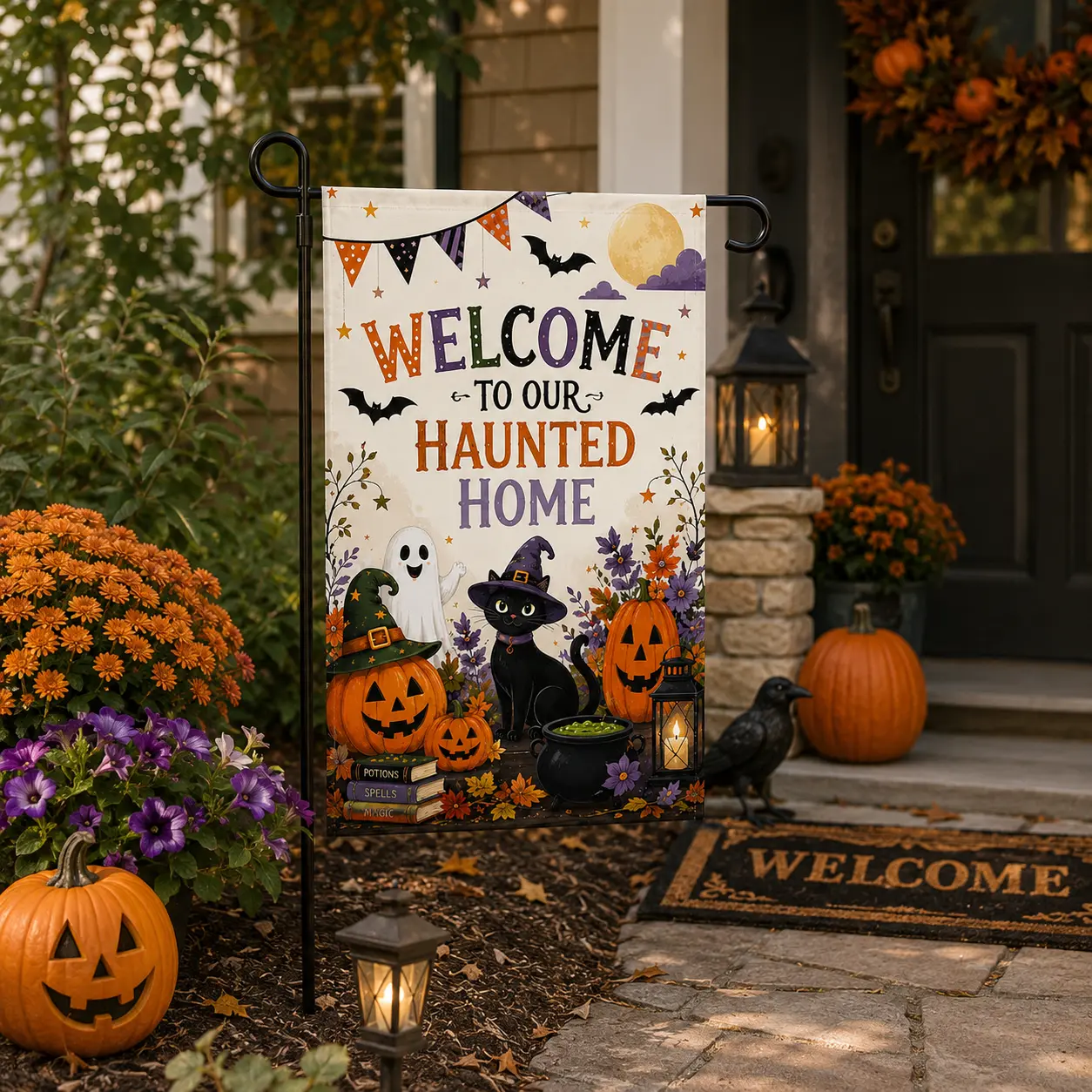 Vintage Halloween Garden Flag, Happy Halloween Ghost Black Cat Pumpkin Yard Flag, Fall Porch Outdoor Decor