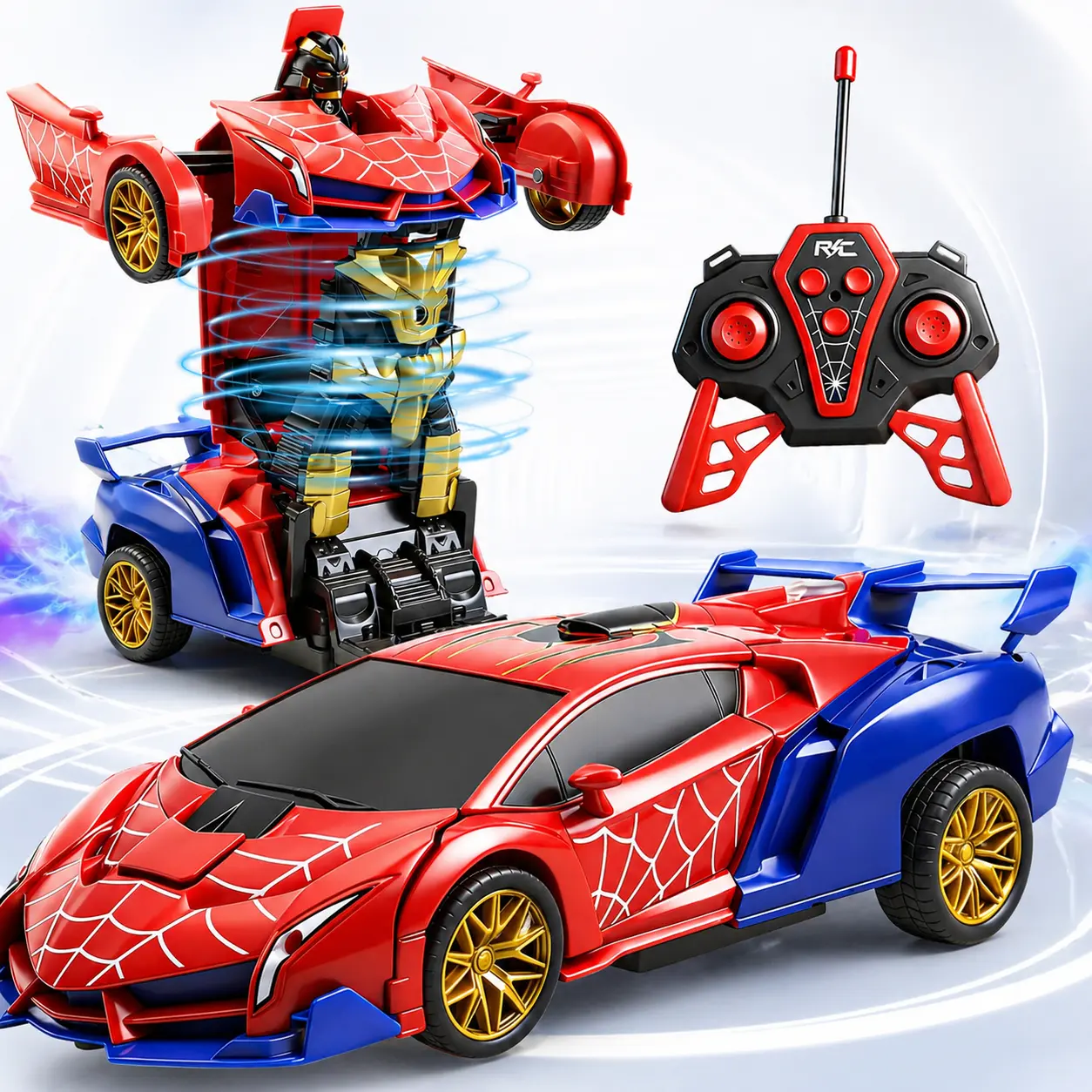 Spider Style RC Transforming Car Toy for Kids, 2.4GHz Remote Control Sports Car with Spray Mist, Robot Mode, Light Effects & Action Driving Play, Cool Birthday Gift for Boys Girls