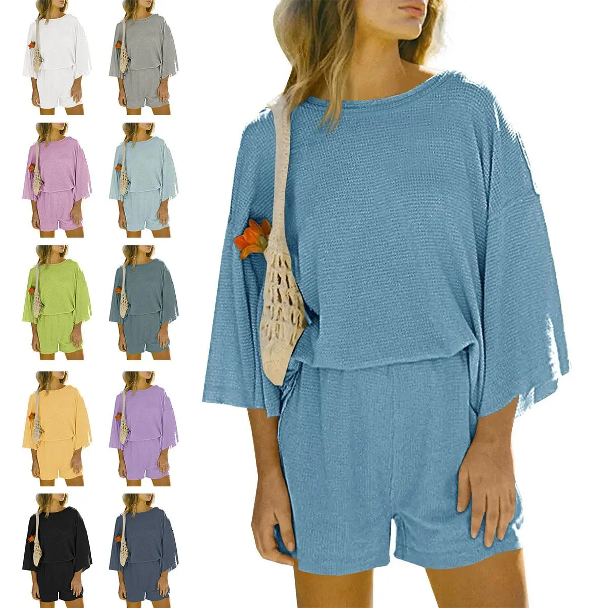 Imily Bela Women's Waffle Knit Loungewear Set, 2-Piece Comfy Pajamas with Drop Shoulder 3/4 Sleeve Crewneck Top and Loose Bottoms, Nightwear, Lady, Comfy Sets, Loungewear Sets