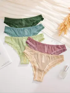 Women's 5pcs Solid Bow Decor Frill Trim Panties, Soft Comfy Breathable Knicker for Daily Wear, Women's Underwear for All Seasons, Womenswear