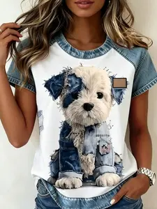A women's fashionable and gentle casual denim patchwork contrasting short sleeved shirt with loose and slimming design, suitable for summer, home, indoor, and outdoor wear Womenswear