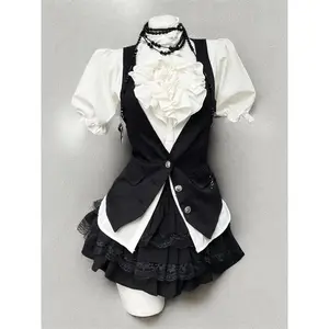 Harajuku Gothic Retro Chic Outfit Women Bubble Sleeve Shirt + Slim Vest + Short Cake Skirt New Vintage Fashion 3 Piece Suit 2025 Clothes Womenswear