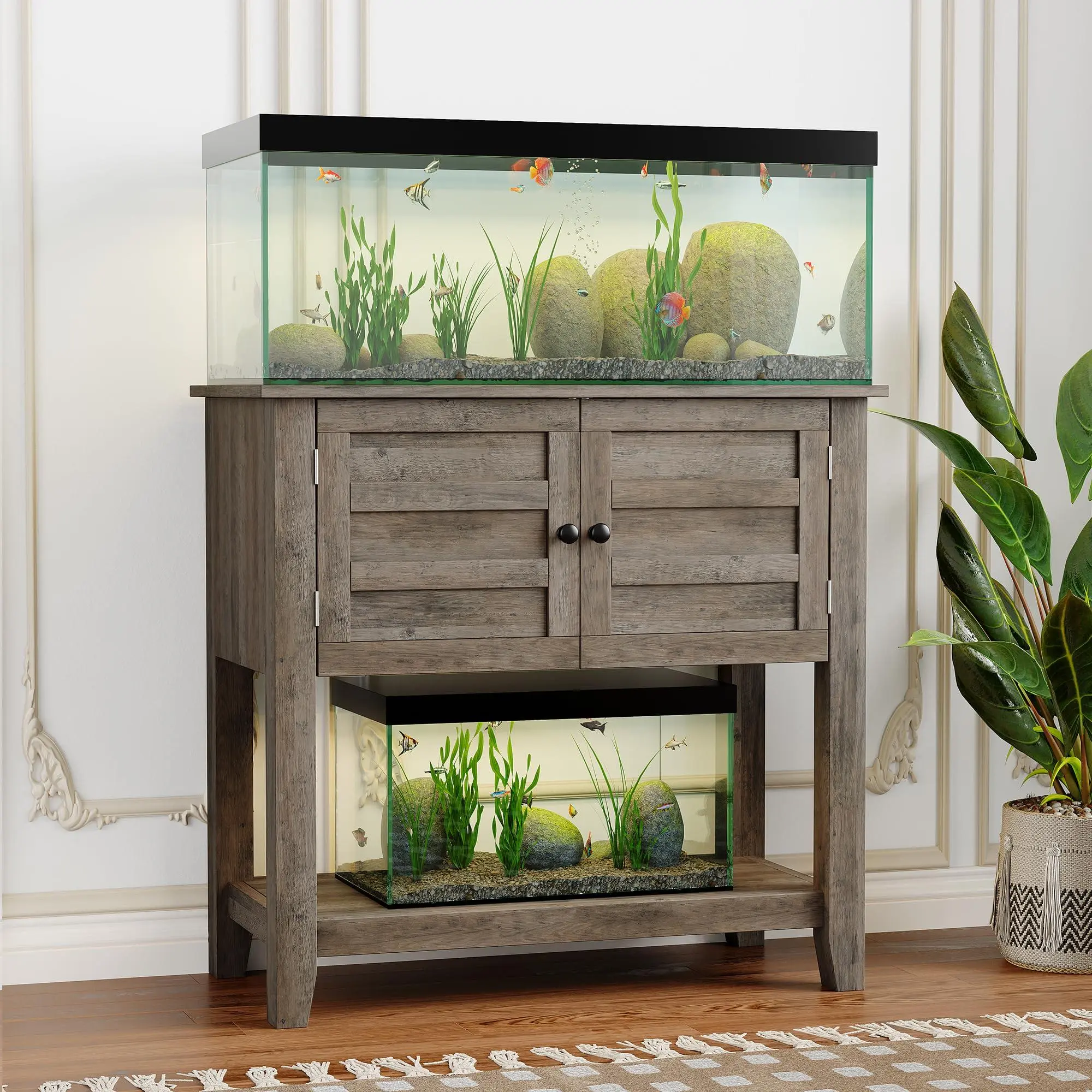 Aquarium Stand, 20-29 Gallon Fish Tank Stand Cabine with Charging Station | Heavy Duty Turtle Tank Stand Up to 660 LBS, Stable Support, Anti-Tip Device, Retro Grey