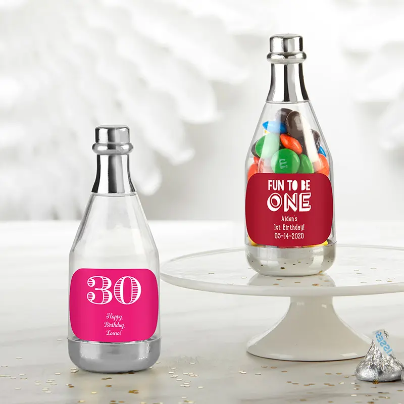 Kate Aspen 18187NA-BD Personalized Silver Metallic Plastic Bottle-Shape Small Preserving Container Boxes, 12-Pack Birthday Gift Ideas Champagne Favor Set