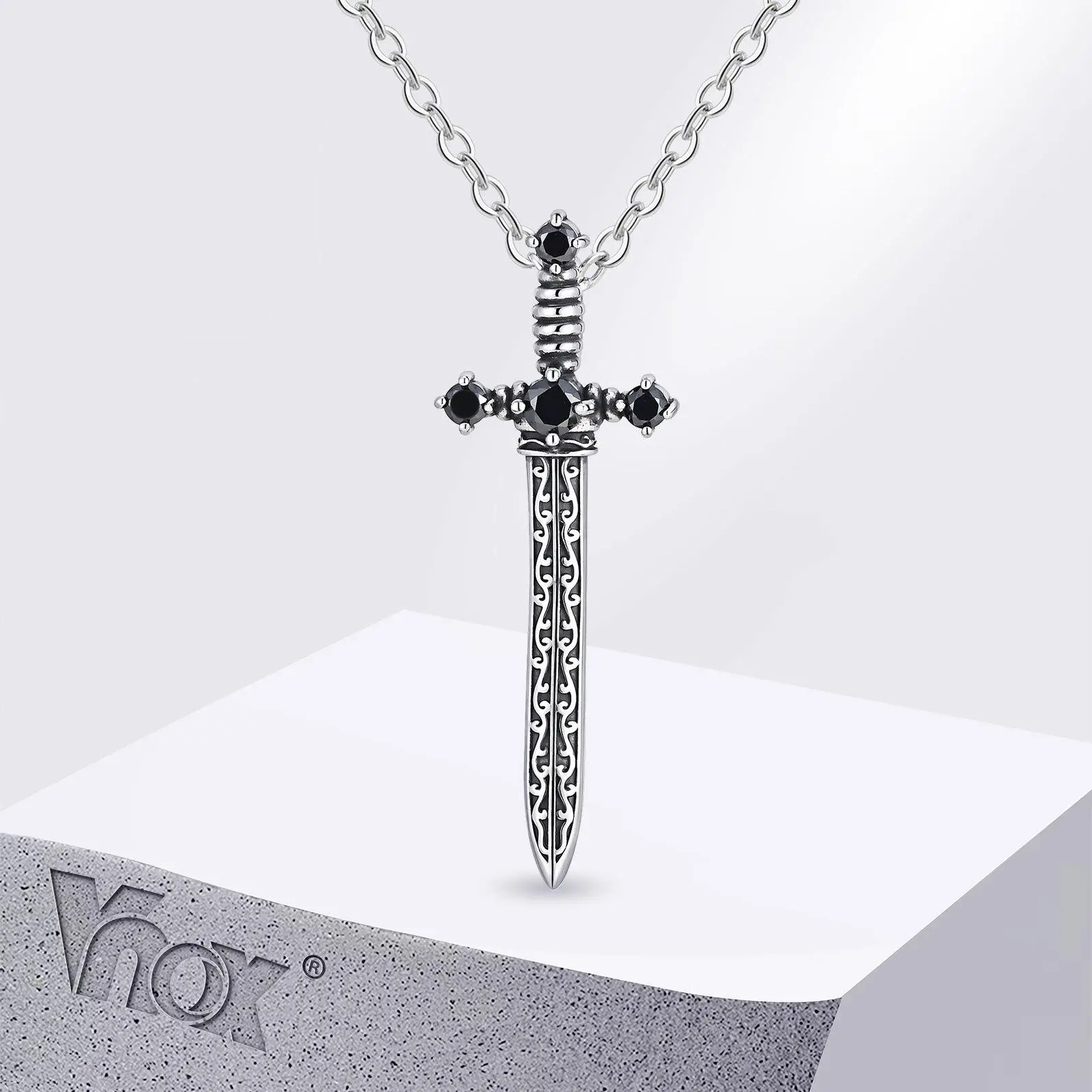 Vnox Stainless Steel Sword Pendant Necklace with Black Zircon Design, Waterproof  Punk Fashion Jewelry Gift for Men Boys Son Dad