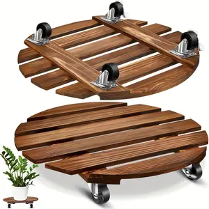 2pcs Wooden Rolling Plant Stand with Wheels, 14 Inch Round Plant Dolly Rollers Rack 200 Lbs Heavy Duty Plant Base Holder Caddy with Metal Lockable Casters for Large Flower pots Indoor Outdoor Patio