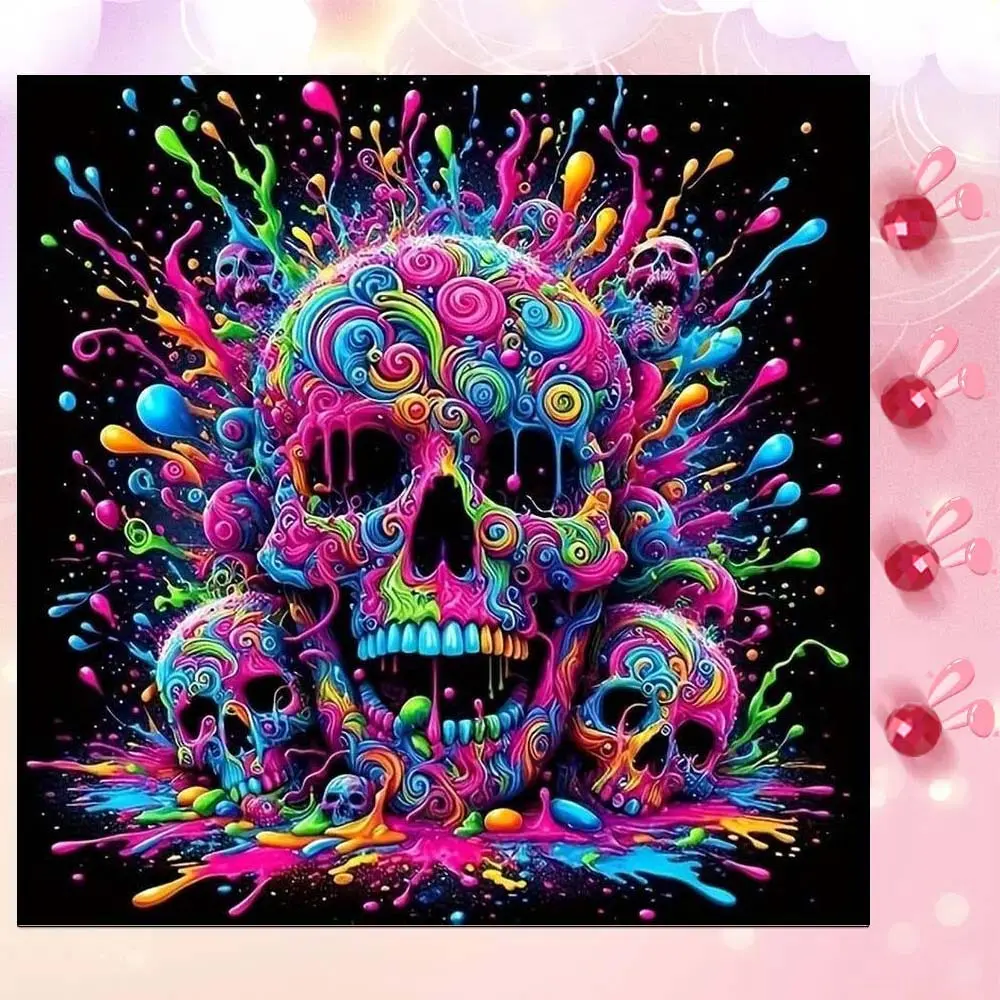 5D DIY Full Drill Round Diamond Painting - Diamond Pattern Design Diamond Art Kit Colorful Skull Splash Mosaic, Canvas - DIY Decorative Painting, Home Wall Decor, Suitable for Halloween, Christmas, Birthday and Anniversary Gifts