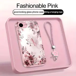 Rose Floral Art 26 letter Phone Case, Suitable for [iPhone 16e] high-end women's, Lanyard a beautiful four-leaf clover lanyard is included🍀 952