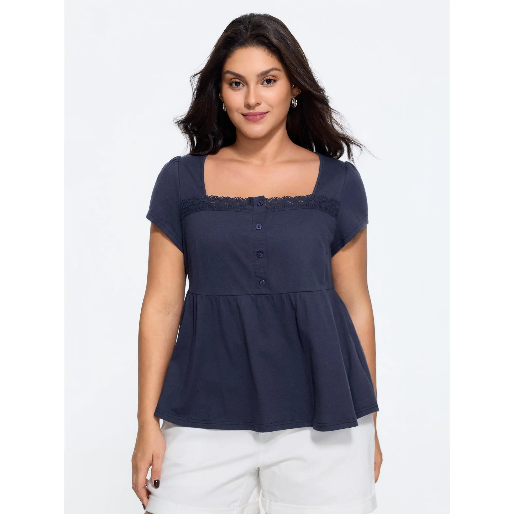 BloomChic Women's Plus Size Basic Cotton Square Neck Lace Trim Shortsleeve Button-Accent Casual Babydoll T-Shirt Garment [M-6X] 2026 Summer Finds, Fabric, Fit