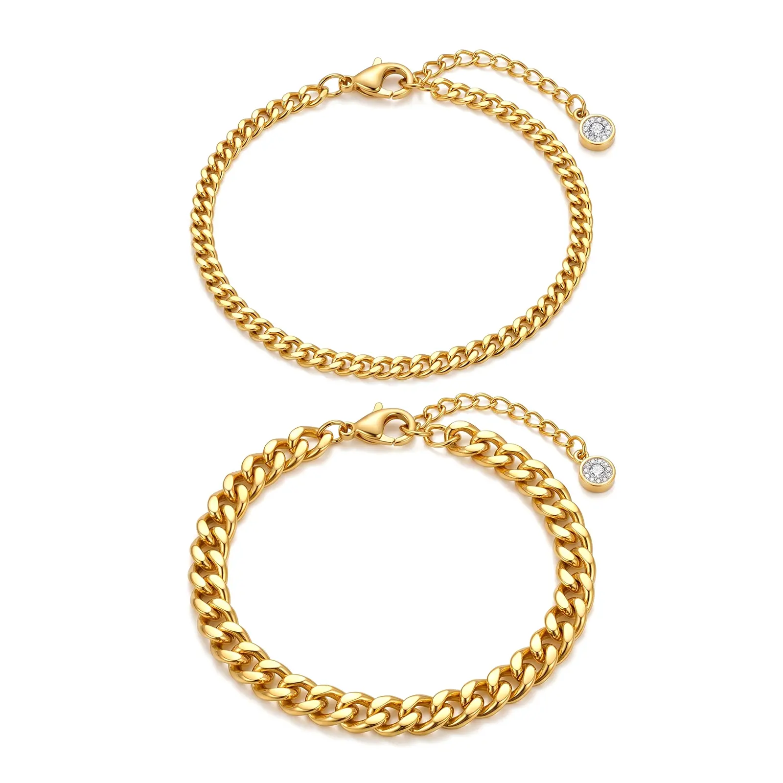 Women's 2-Pcs Cuban Link Anklet Set - Thin & Thick Adjustable Stainless Steel Anklets, Waterproof Non-Tarnish Layered Bracelets for Beach