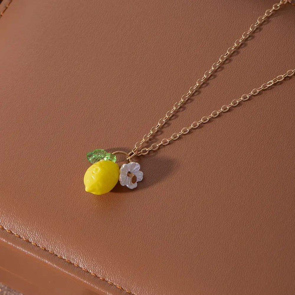 Fashionable New Arrival Fruit Lemon Flower Leaf Pendant Necklace with Adjustable Metal Chain
