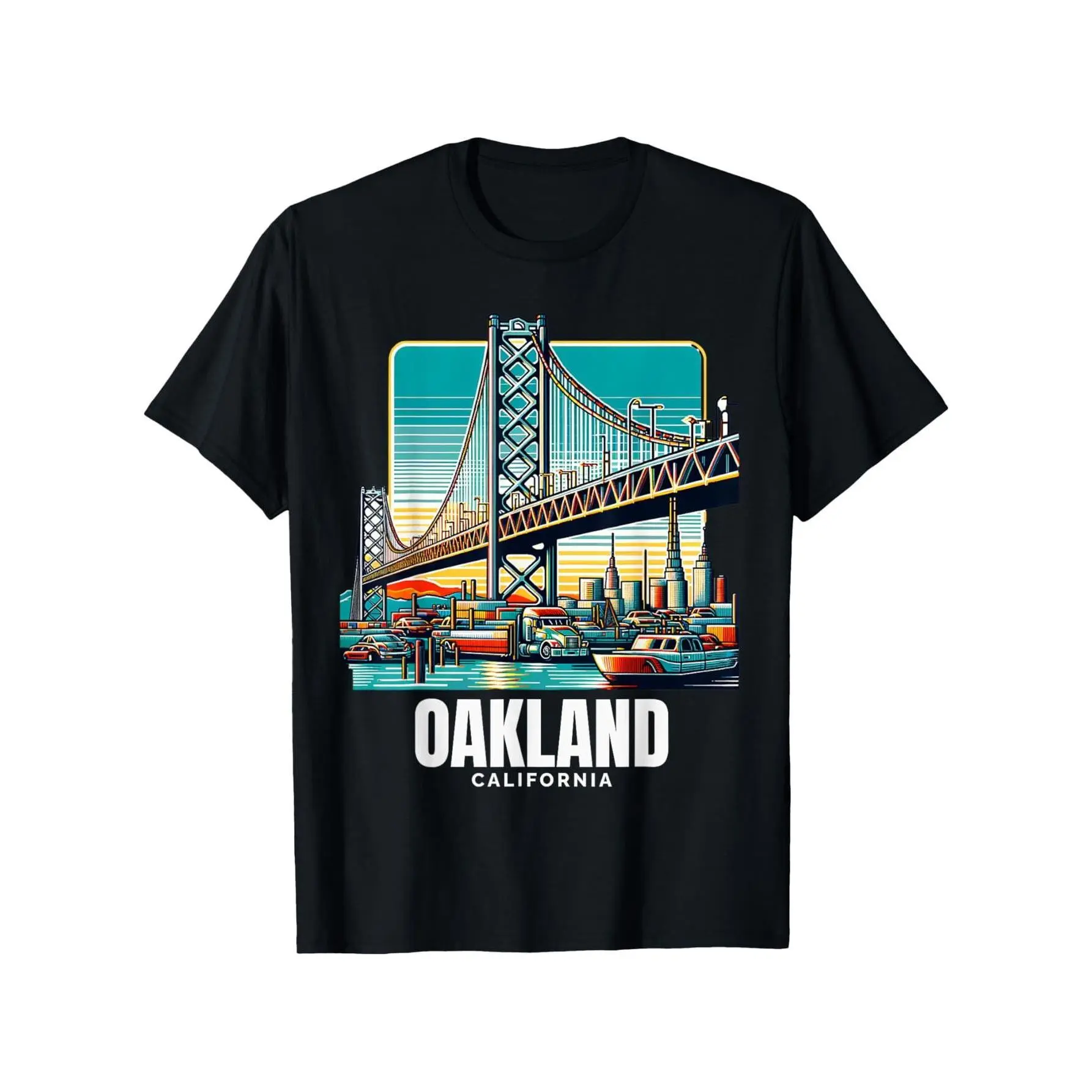 Men' Vintage Oakland California Pattern T-Shirt-Vintage Bay Bridge and City Skyline T-Shirt-Soft Breathable Black Shirt for Bay Area Pride, Oakland Theme Events-SF Bay Area Local Color Design-, The Roots, Strawberry Music Festival Round Neck Casual