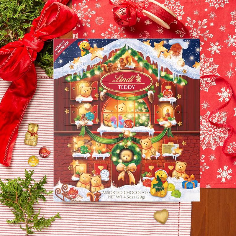 Lindt Holiday Teddy Bear Chocolate Advent Calendar 4.5 oz Assorted Chocolates for Kids & Adults Individually Wrapped in Festive Foil - Snack