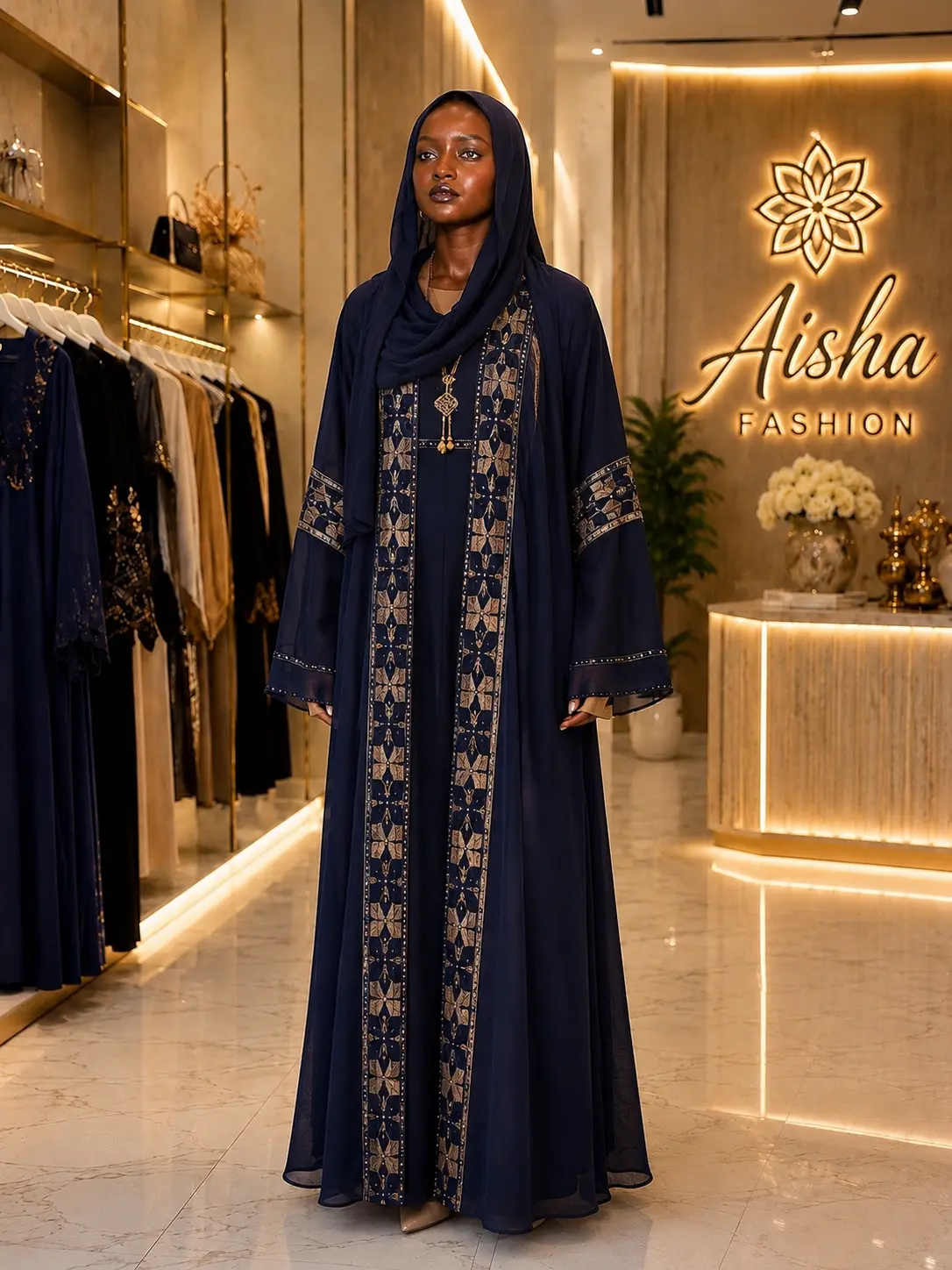Modest Fashion Mulsim Abaya Luxury Embellished Navy Blue Open Abaya Set with Matching Hijab