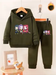 Girls' Fall Winter Fleece Set Hoodie & Sweatpants, Kpop Demon Hunters Cartoon Print, Cute Style, Warm & Comfortable, Perfect Gift