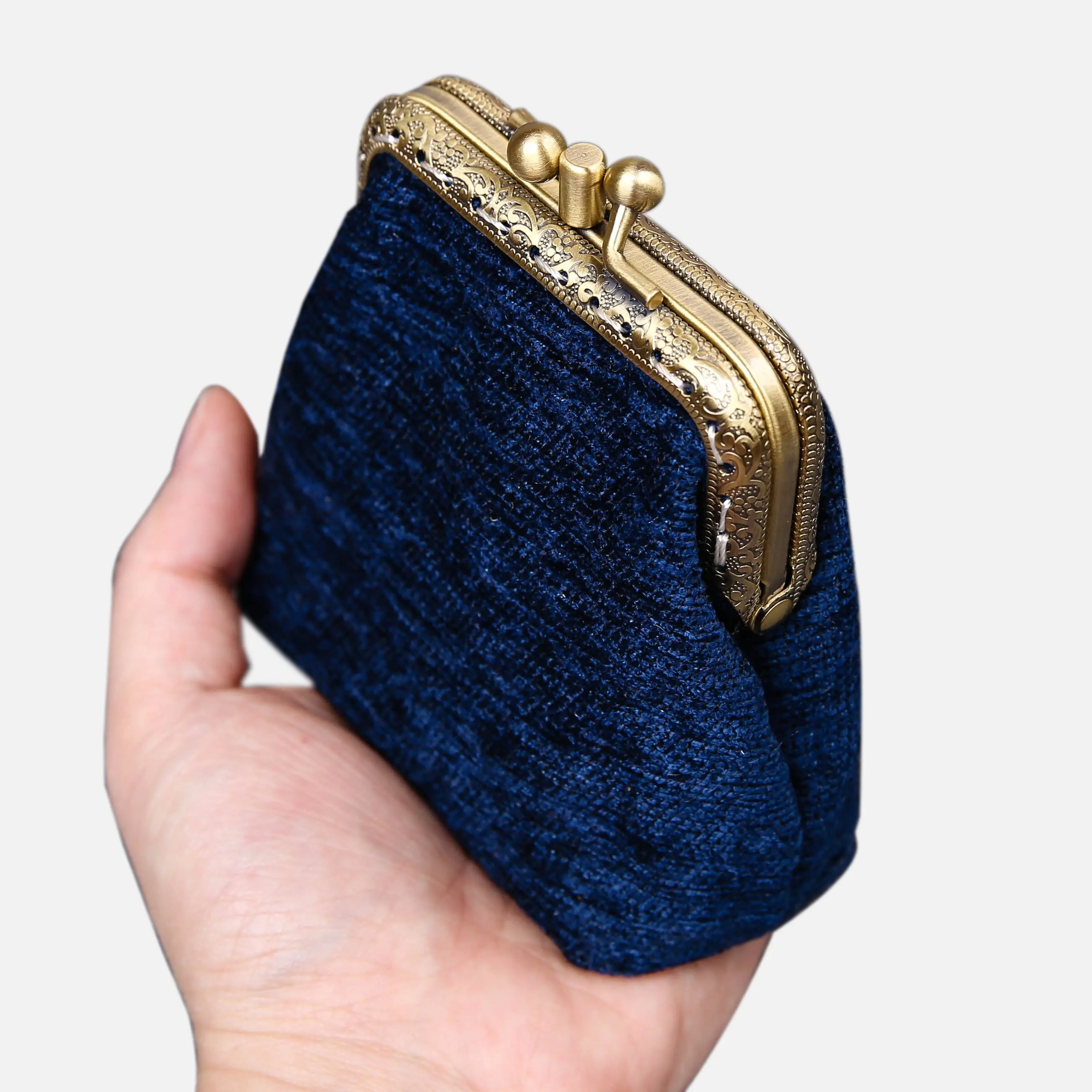 Solid Color Series Double Kiss Clasp Coin Purse Pockets For Id And Cards Cotton Floral Canvas