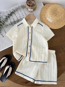 Boys' Solid Color Woven Casual Shirt Set with Striped Pants, Perfect for Boys' Elegant & Formal Occasions, Ideal Toddler Clothing