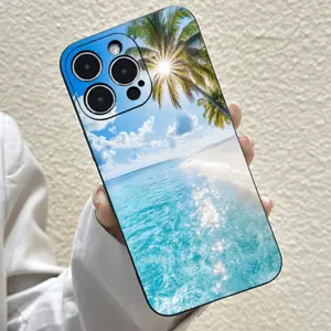 Coconut Tree Pattern Straight Edge Phone Case for iPhone 16 15 14 Pro Max 13 12 11 XR XS Plus Shockproof Non Slip Military-Grade Protection Silicone Cover