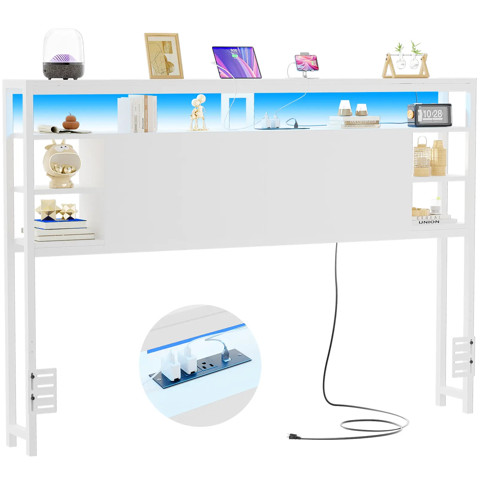 Cyclysio Unique Bedroom Furniture Headboard - King, Queen, Full Size Compatible, Built-in Power Outlets, RGB LED Accent Lights, Sturdy Build, Storage Shelves, Quick & Easy Assembly