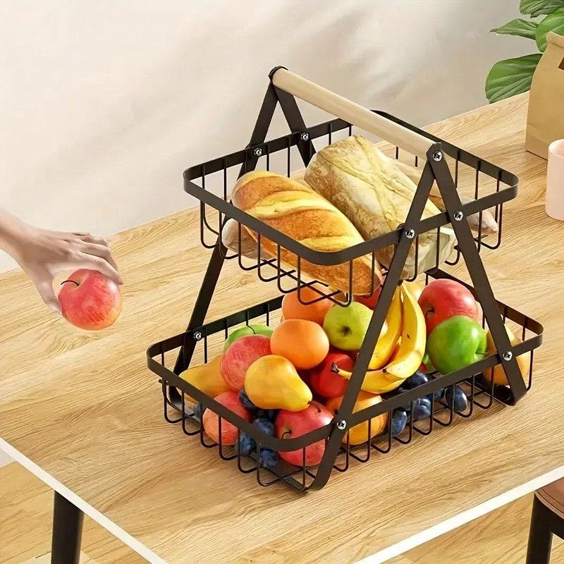 TAIMASI 2/3-Tier Metal Fruit Basket With Wooden Handles - Multi-Purpose Organizer For Kitchen & Bathroom | Stores Fruits, Vegetables, Bread & Pasta | Detachable Portable Design - Seasonal Pick For: • Labor Day Entertaining Prep