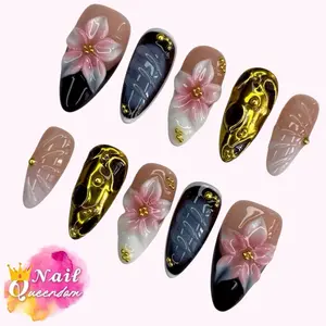 Nail Queendom [BLOOMING CANVAS] Handcrafted 3D Press-On Nails Reusable Long Lasting Salon Quality Easy Application 10 Pieces Set Eco-Friendly 3D-gel Finish