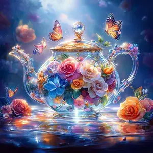 5D DIY Full Diamond Round Drill - Diamond Painting Kit Teapot, Flowers Mosaic Canvas DIY Wall Art, Home Wall Decoration, Handicraft