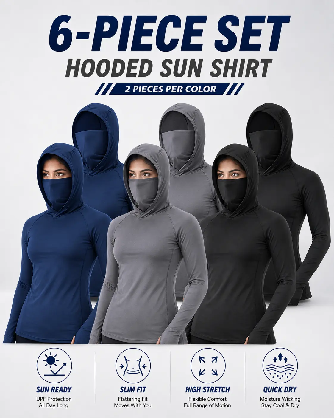 3/6 Pack Women’s Hooded Sun Protection Shirts, Breathable Quick Dry Long Sleeve Outdoor Tops for Hiking, Fishing, Running