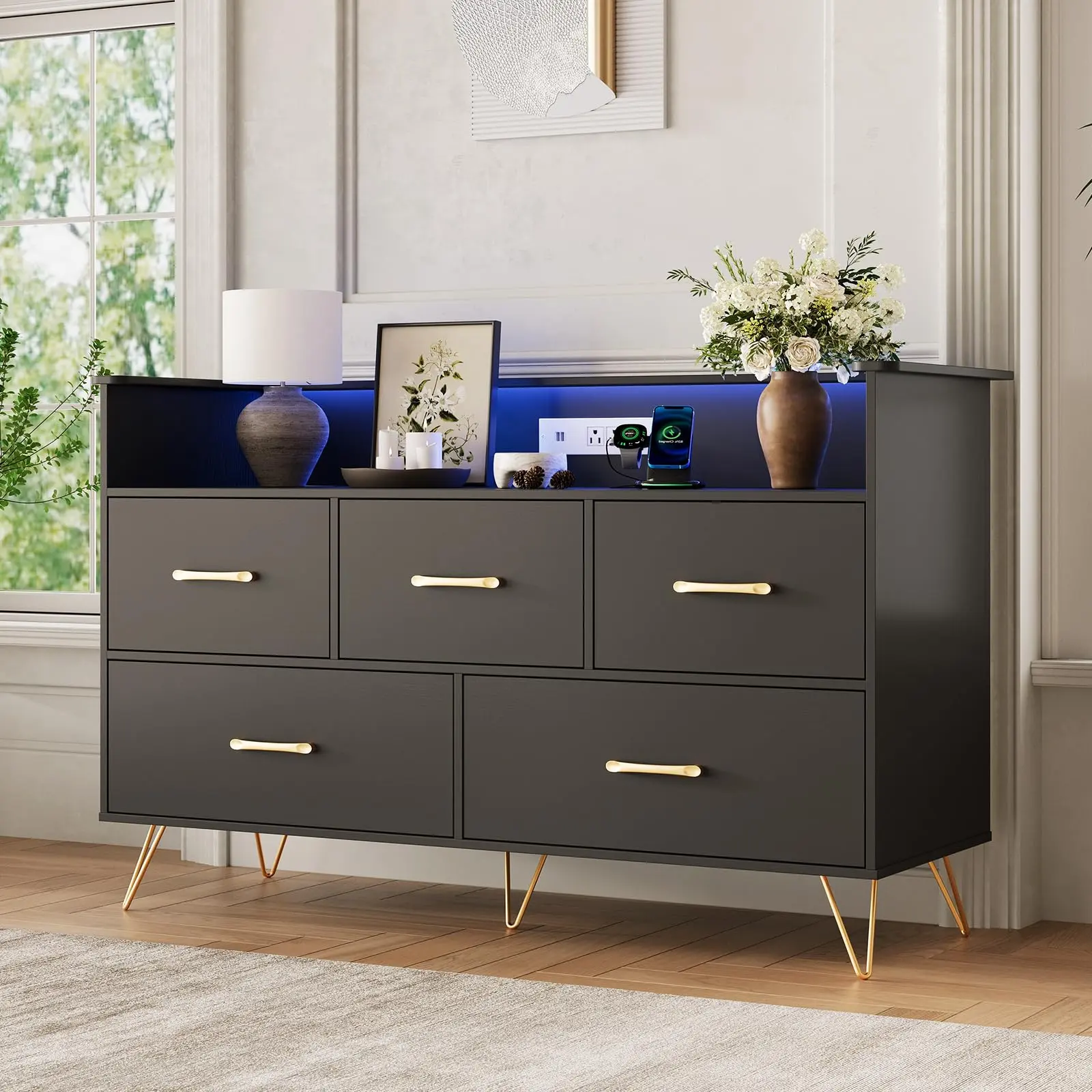 Garvee 5 Drawer Dresser with Led Lights & Charging Station, Lighted Bedroom Dresser, Compact Wooden Chest of Drawers Closet Storage Cabinet for Living Room Apartment, Black