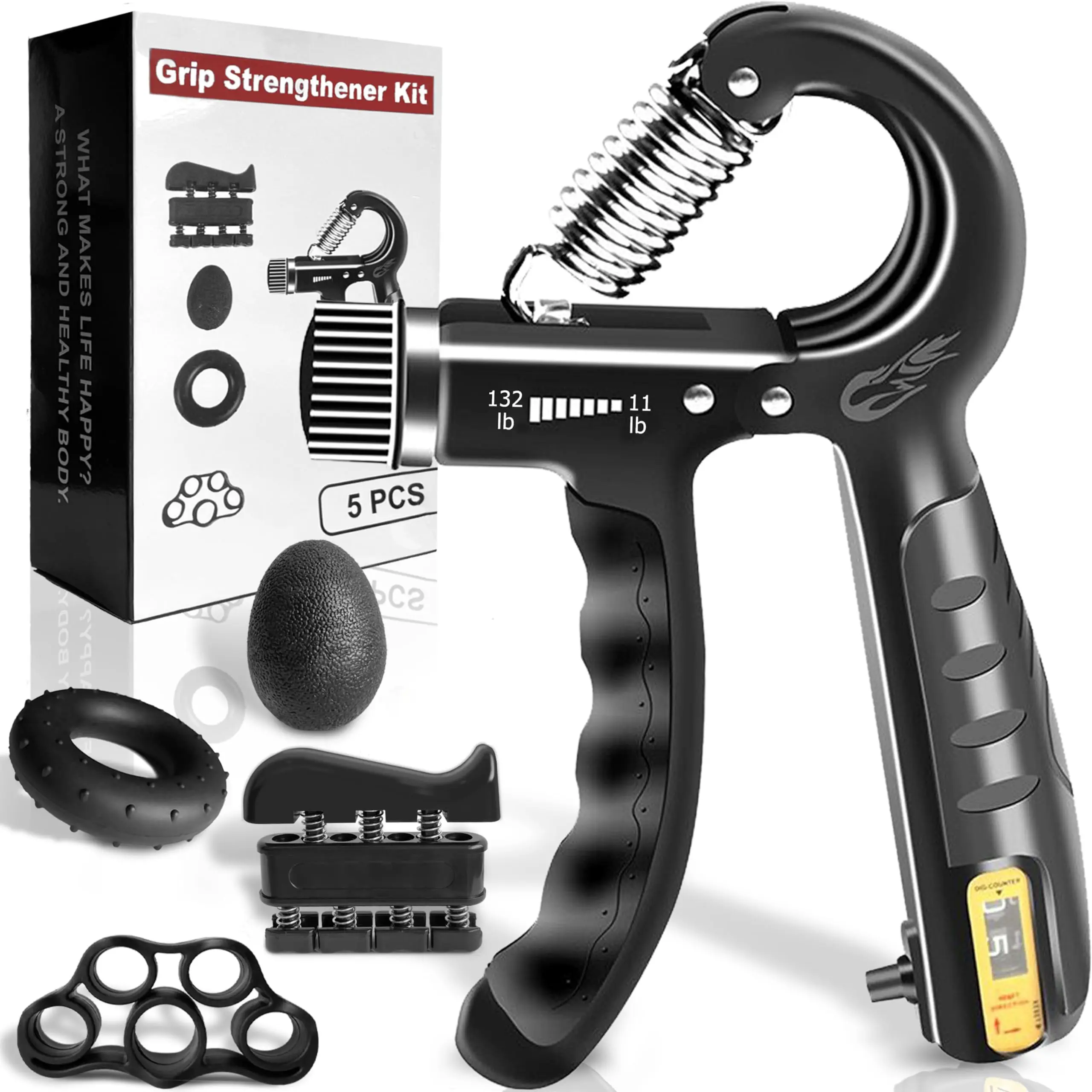 Hand Grip Strengthener Set Resistance Gripper for Forearm Training Adjustable Carpal Tunnel Rehab, Climbing, Weightlifting