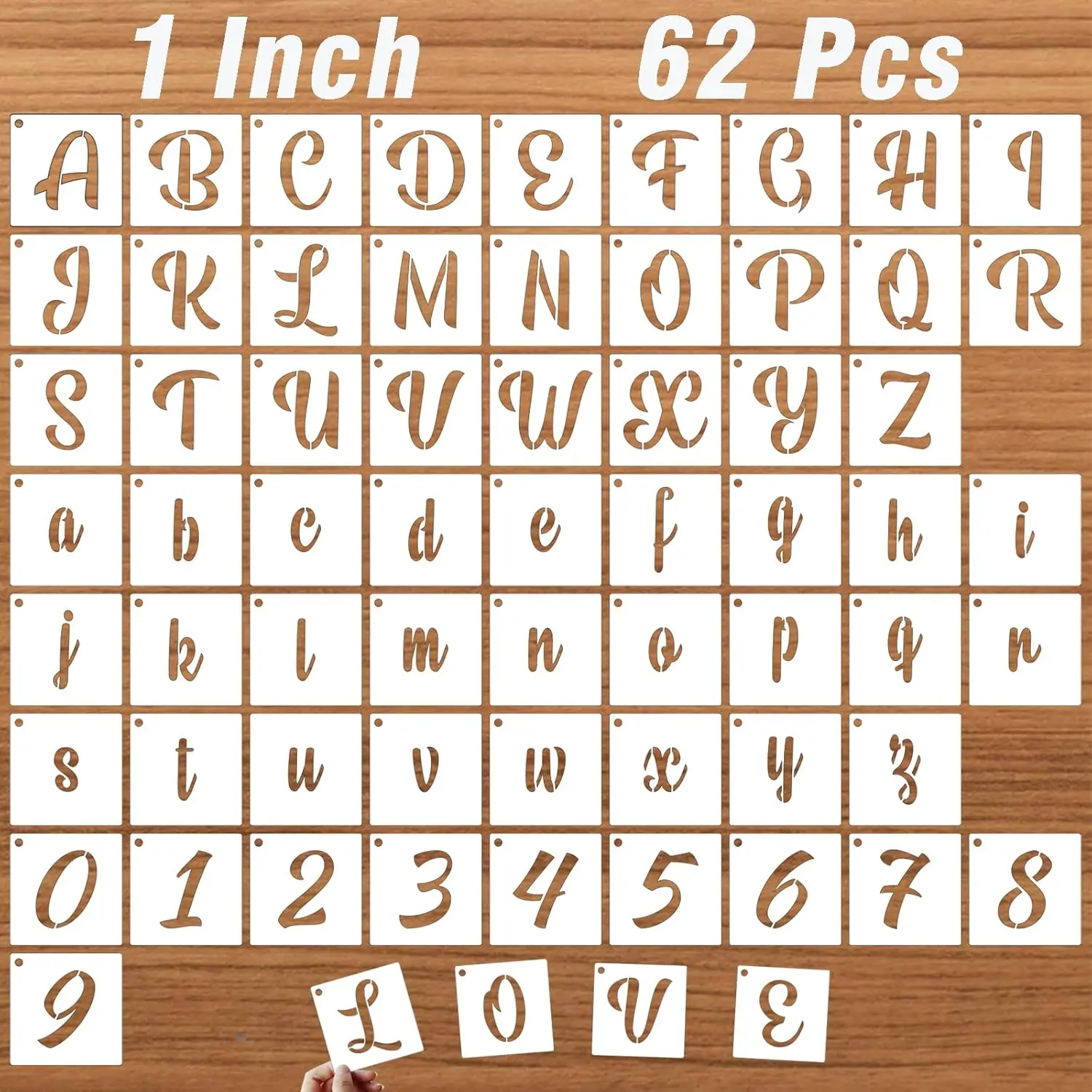 1 Inch Letter Stencils for Painting on , 62 count Calligraphy Alphabet and Number Stencil,  Plastic Art Craft Cursive Lettering Templates Upper and Lowercase