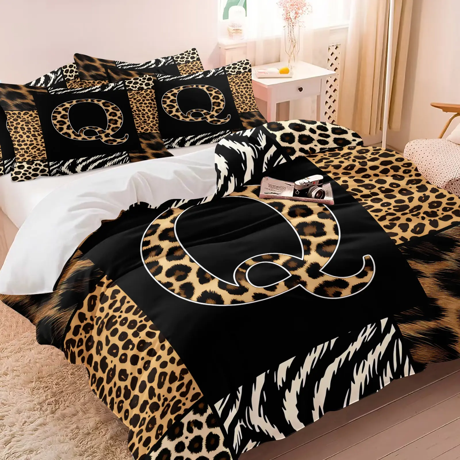 Custom Letter Q-S Leopard Print Duvet Cover Set, Includes 1 or 2 Pillowcases, Modern Animal Pattern, Comfortable Bedding, Leopard Bedding Set With Custom Letters, Bedroom Decor, Custom Birthday Gift