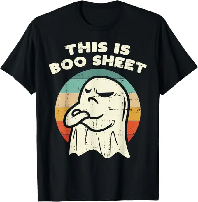 "This is Boo Sheet" T-Shirt, Funny Retro Ghost Graphic, 100% Cotton Unisex Shortsleeve Classic Fit Menswear for Halloween, Tshirt, Fabric, Soft, Round Neck, Casual, Top, Printed Art, Crew Neck, Digital Print