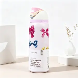 Owala 32oz Macaron Bow Print Insulated Tumbler Leak Proof BPA Free with Built-in Straw for School & Daily Use Water Bottles Drinkware Flasks Portable Printed candy coated life childrens easy drinking large cup holiday
