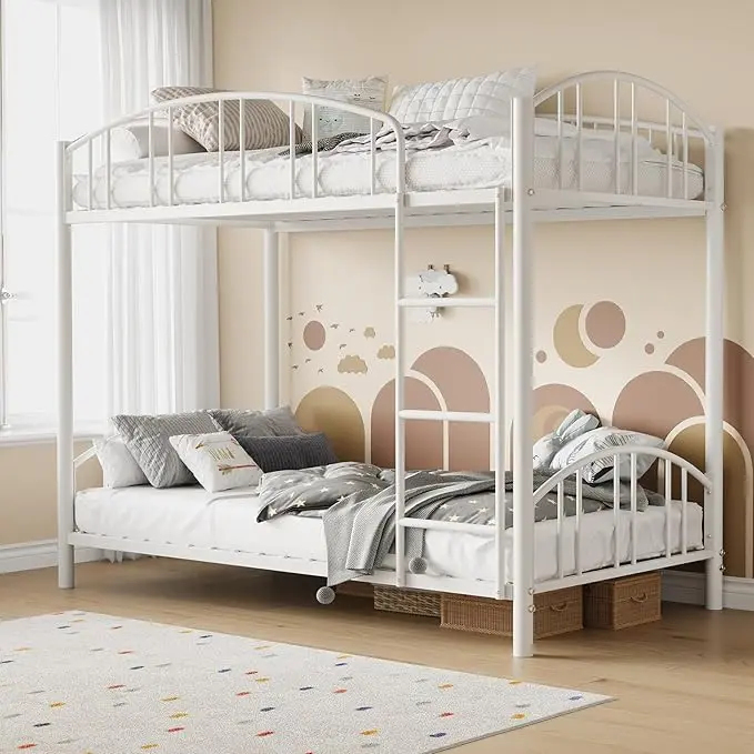 Metal Bunk Bed Twin Over Twin Heavy Duty Bunkbeds Frame with Arched Guardrail and Safety Ladder Sturdy Steel Bed for Boys Girls, Space-Saving No Box Spring Needed