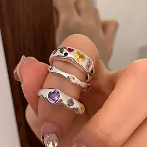 Irregular Color Color Sleep Ring Simple Silver Color Open Adjustable Ring For Women Vintage Zircon Jewelry Accessories