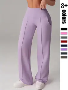 Women's Solid Color Loose Fit Pocket Straight Leg Pants, Soft and Comfortable, Fashionable Everyday Wear, Outdoor Sports, All Seasons