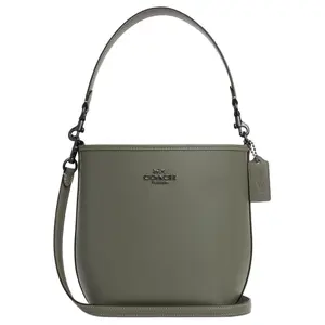 COACH City Bucket 17 Leather Handbag for Women – Minimalist Metallic Logo, Small Shoulder Crossbody Bag in Green