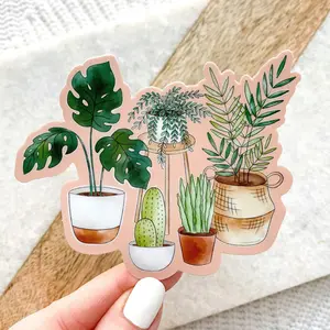 Watercolor Potted Plants Waterproof Vinyl Sticker, 3.75x3.25"