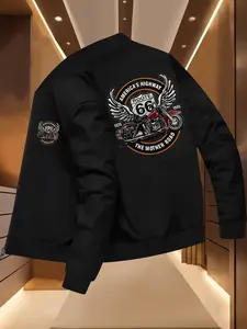 Men's Route 66 Motorcycle Jacket, Classic Biker Style, Casual Slim Fit Full Zip Design, Stand Collar Vintage Bike Pattern, Lightweight Coat for Road Trips