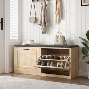 Vividwood Shoe Storage Bench with Cushioned Seat, 2-Tier Entryway Bench with 2 Flip Drawers & Adjustable Shelves, 39.4" Shoe Rack Bench for Entryway, Living Room, Hallway