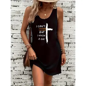 Alphabet Cross Pattern Printed Sleeveless Dress, Spring Summer Casual Vest Dress, Fashion Women's Dresses