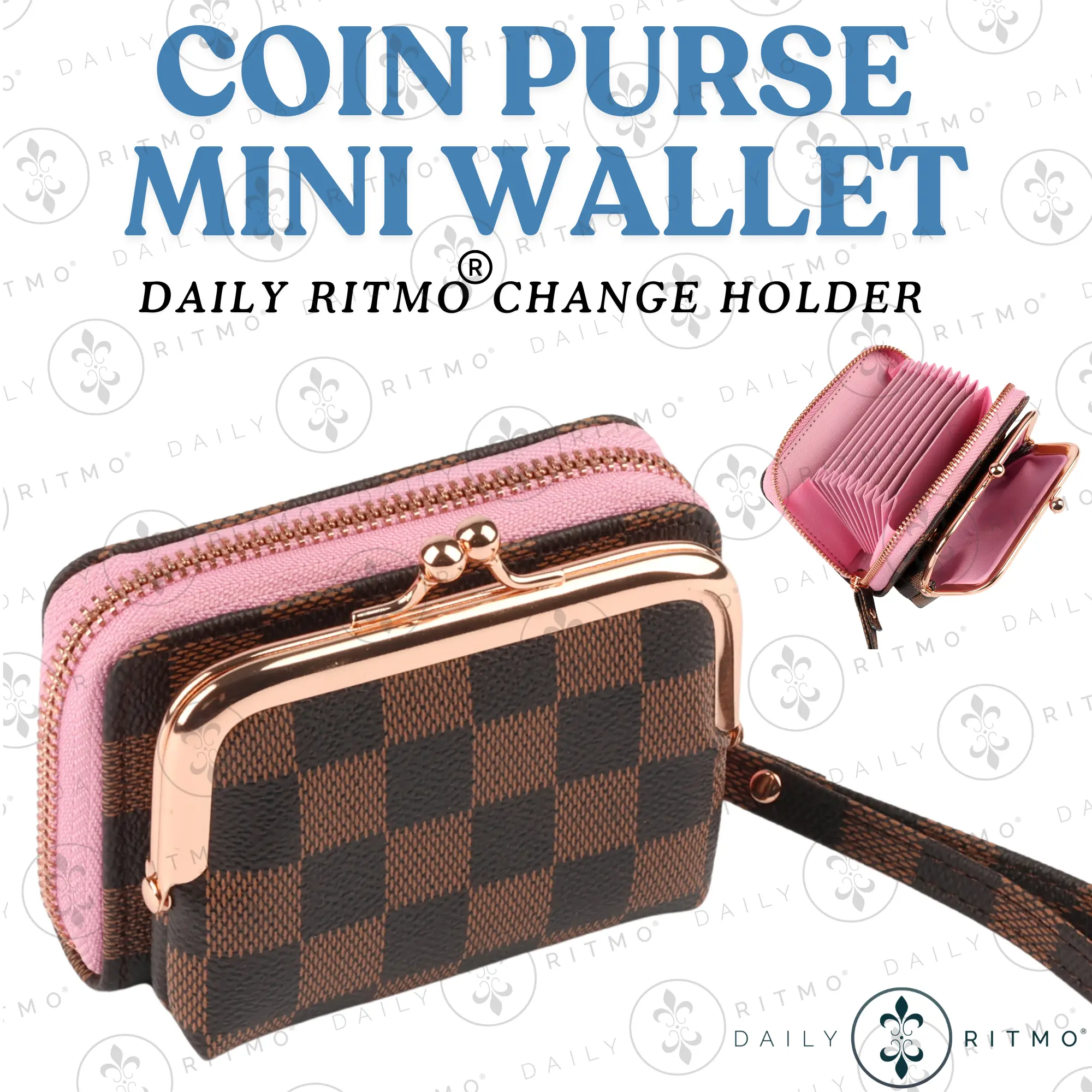 DAILY RITMO Coin Holder Purse, Chic Pink Plaid PU Leather Casual Small Wallet with Rose Gold Zipper, Lightweight Pouch for Travel, Premium Design