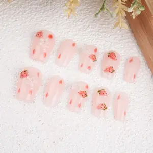 Kawaii Pink Strawberry Flowers Press On Nails,Adorable Picnic Nails, Trendy Nails,Short Coffin,Reusable Fake Nails for Birthday,Wedding