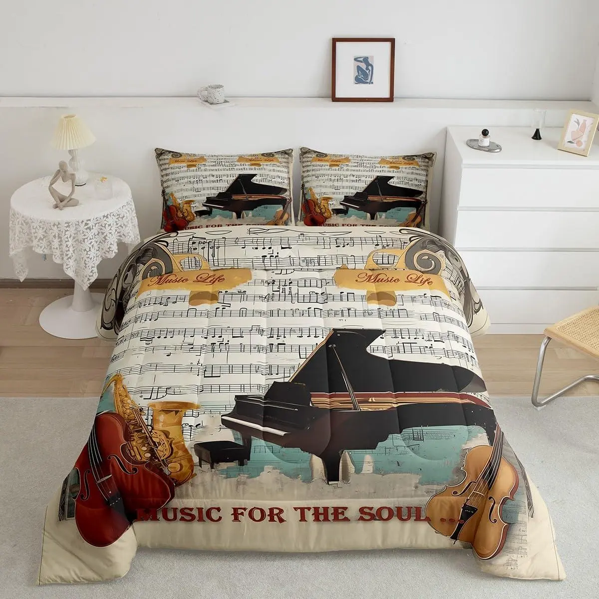 Violin Comforter Set,Musical Notes Piano Printed Bedding Set Room Decor Rock Roll Music Themed Quilt Set Vintage Old Newspaper Hippie Music Duvet Insert